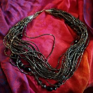 Multistrand necklace seed beads glass black grey adjustable silver beaded